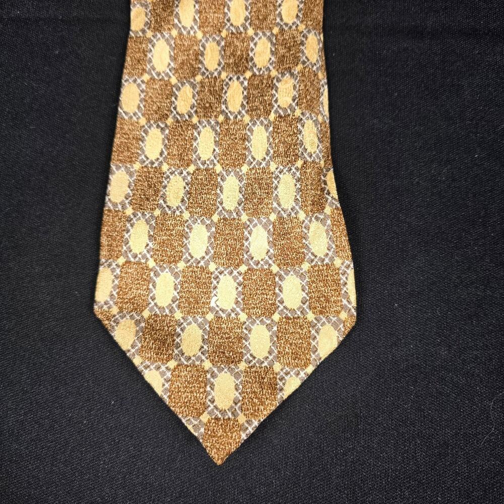 CLUBFELLOW Men's Tie Brown Gold 100% Silk Geometric Pattern
